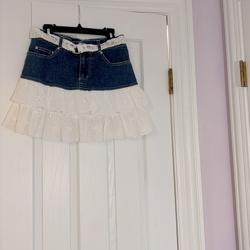 White Layered Denim Jean Pleated Skort with Silver/White Rhinestone Belt